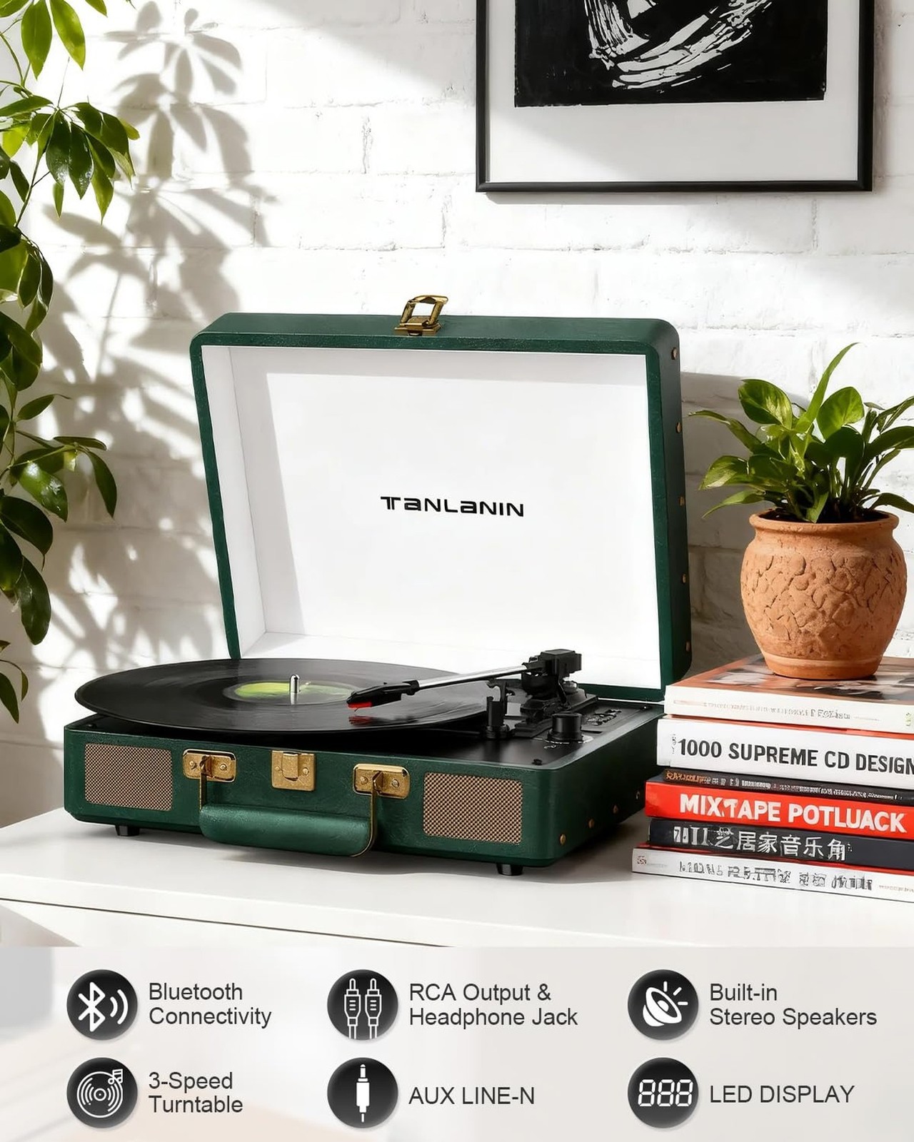 Vintage 3-Speed Bluetooth Record Player, Portable Suitcase Turntable with Bui...