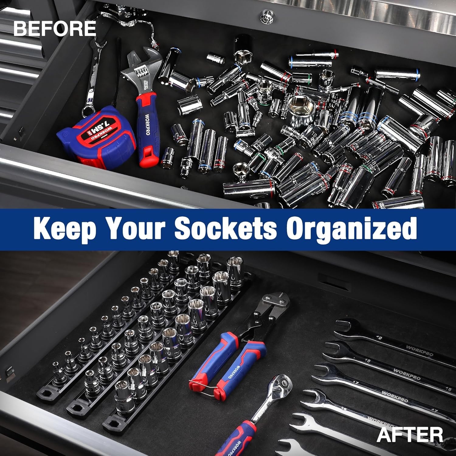 3/8-Inch Drive Magnetic Socket Organizer - Rotatable Clips for Efficient Storage