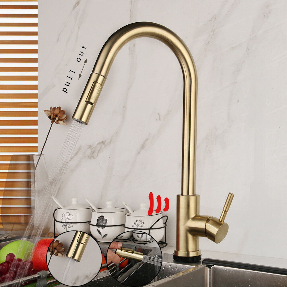 US Brushed Gold Kitchen Sink Mixer Faucet Pull Out Spout Swivel Deck Mount Taps