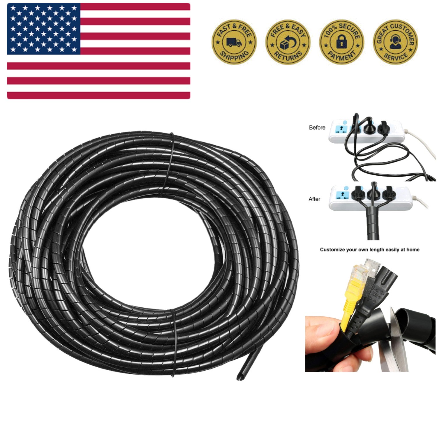 2.8mm Flexible Spiral Cable Wrap Wire Cord Wraps Manage Cord 22M Length Black