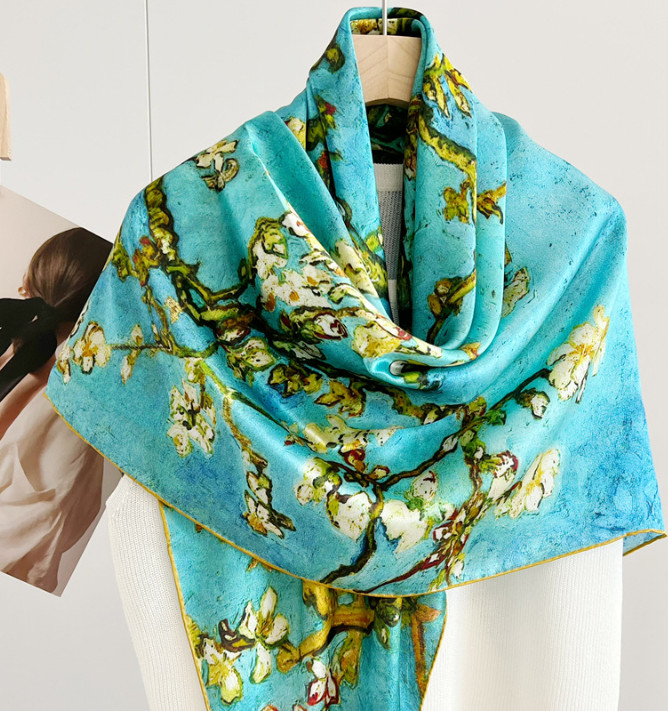 100%Silk Mulberry Wrap Shawl Square White flower Print Bandanna Scarf 110X110cm