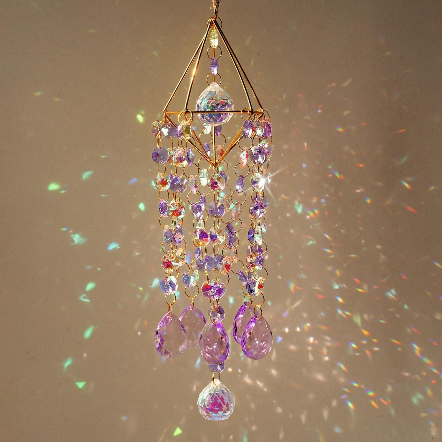 HDCRYSTALGIFTS 21,5Inch Crystal Prisms Suncatcher for Window Hanging Gold-Pla