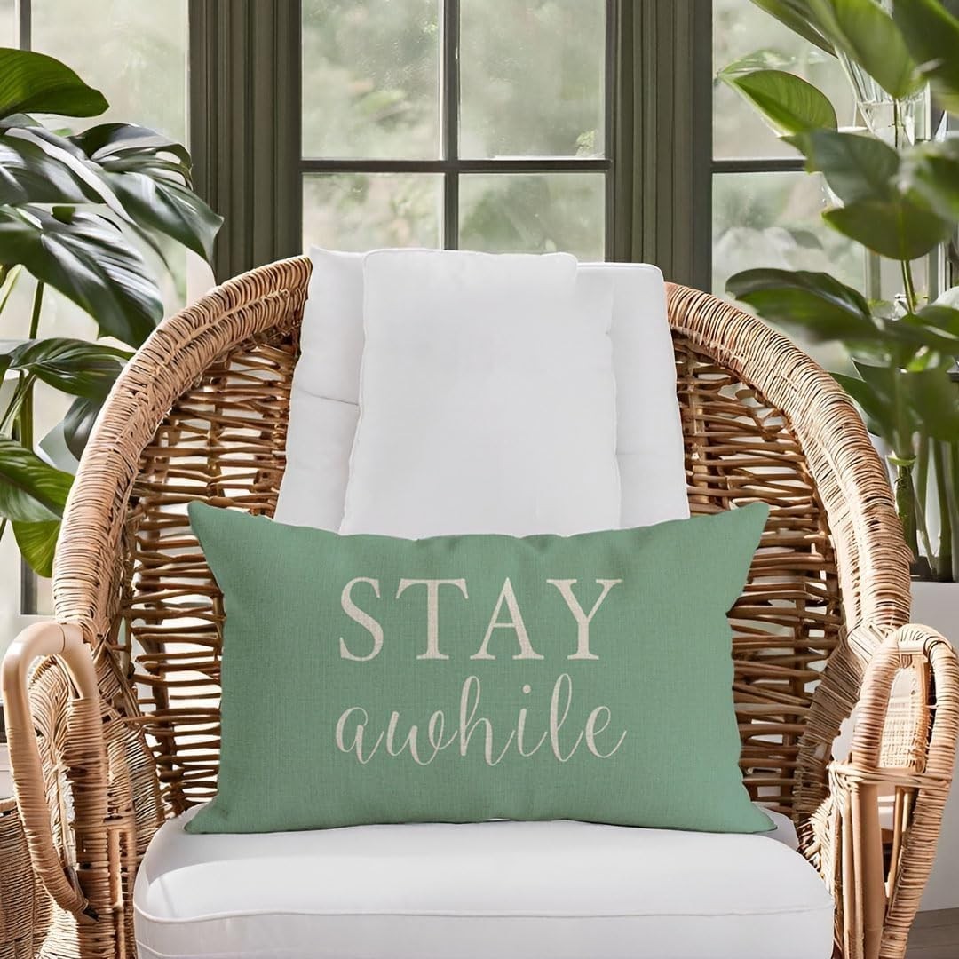 Set of 2 Farmhouse Decorative Pillow Covers - 12x20 Green for Indoor & Outdoor