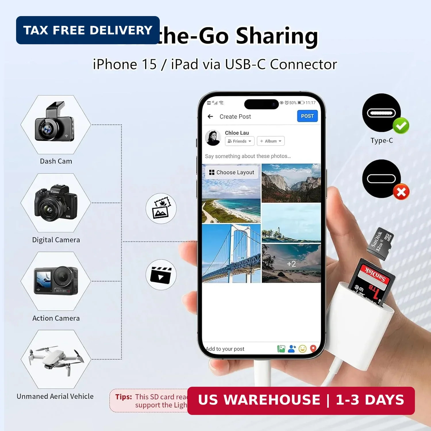 SD Card Reader for iPhone 15/16/17, Sd Card Reader USB C,Micro Sd Card Reader fo