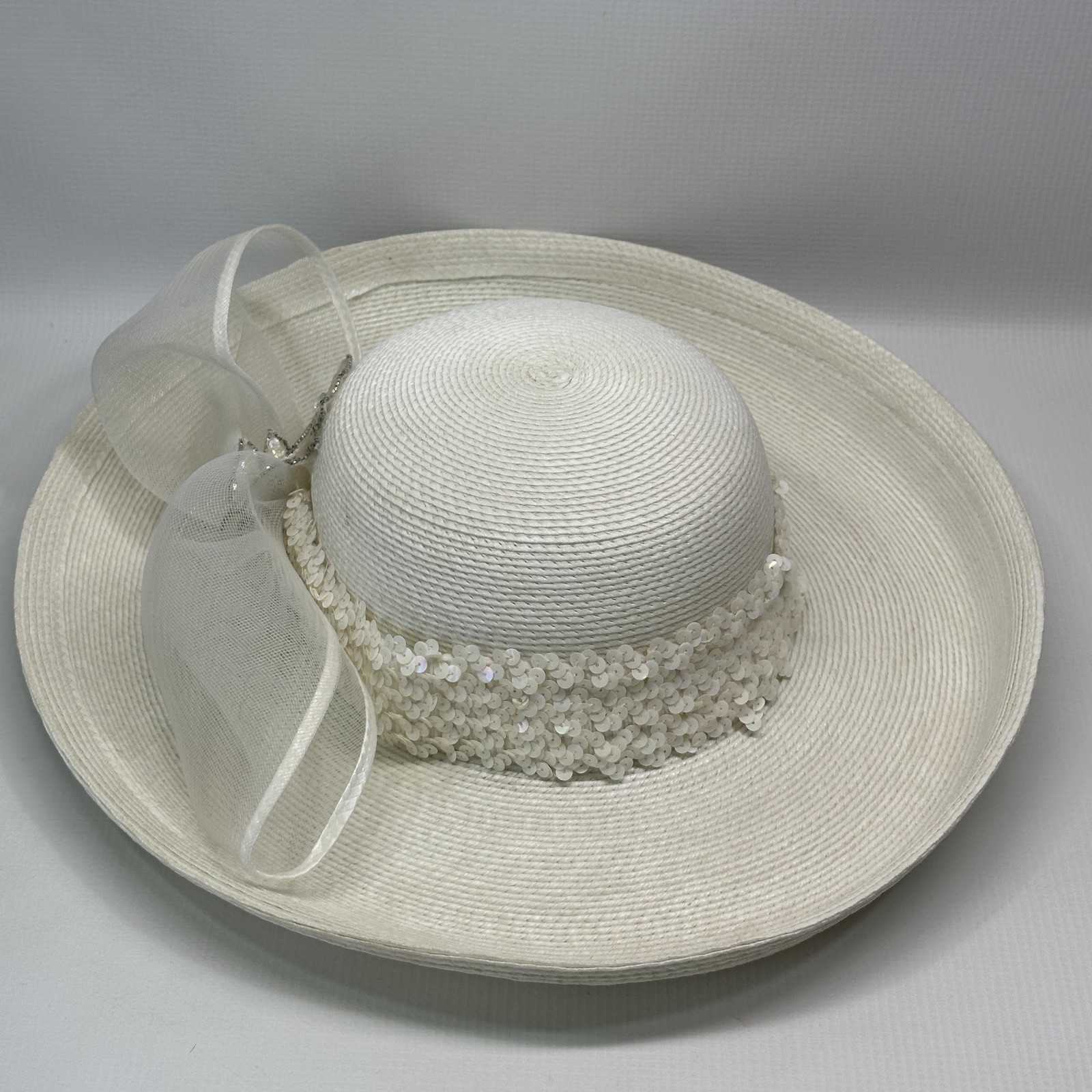 Vintage Jay Dee Hat Sun Womens One Size White Straw Wide Brim Sequin Bow USA