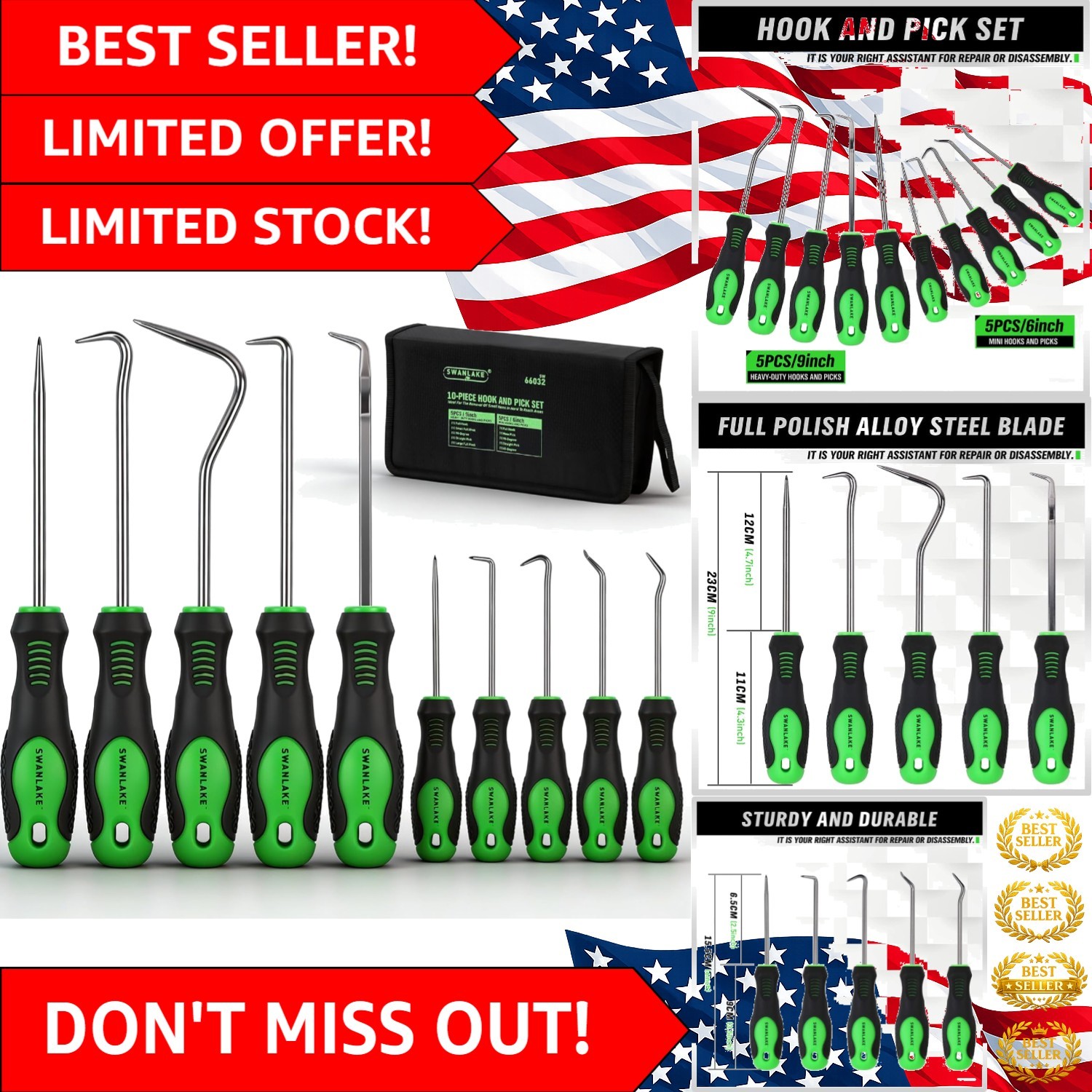 10-Piece Heavy Duty Steel Pick Tool Set - Non-Slip Handles for Precision Control