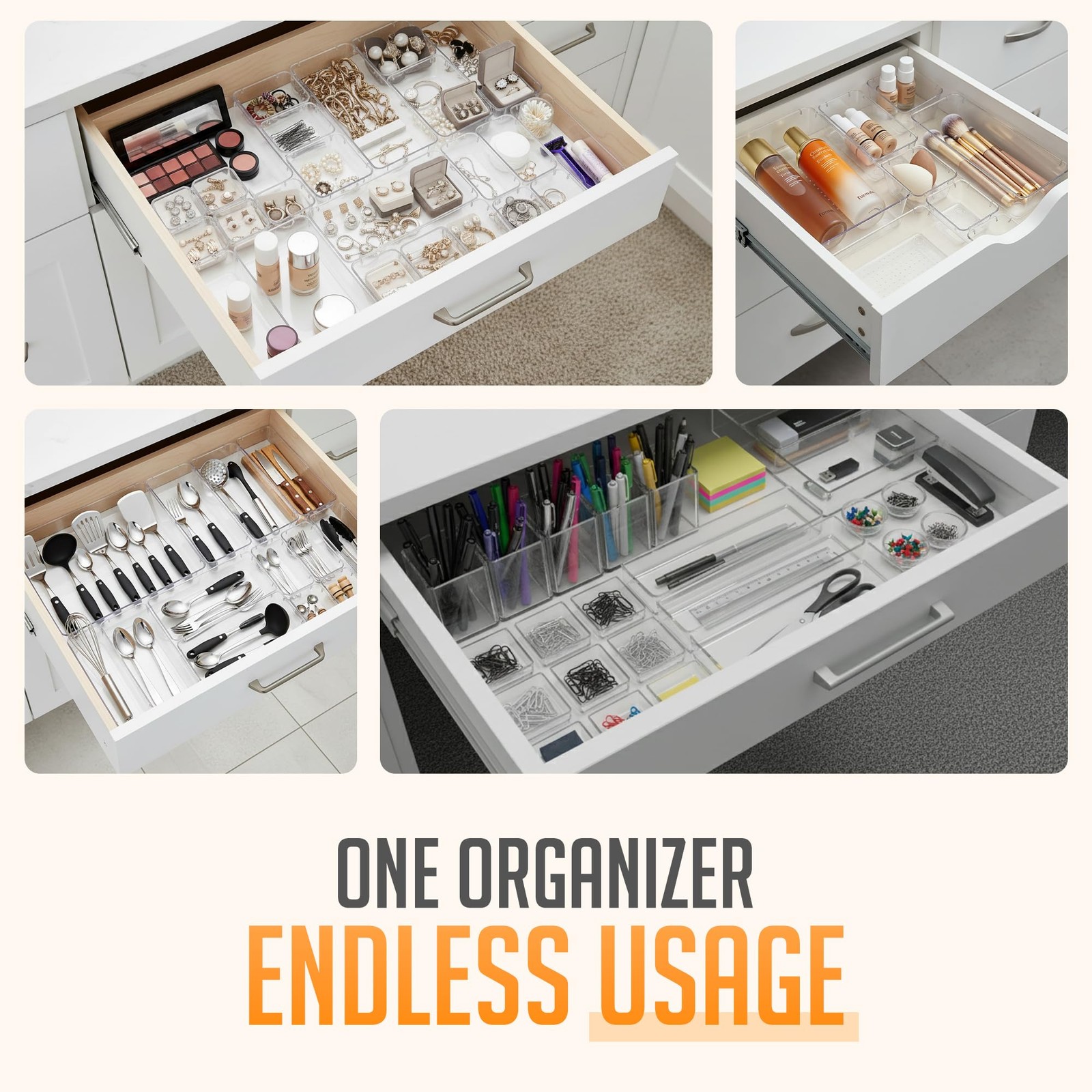 Clear Drawer Organizers Set 25 PCS – Plastic Storage Bins for Desk, Kitchen, ...
