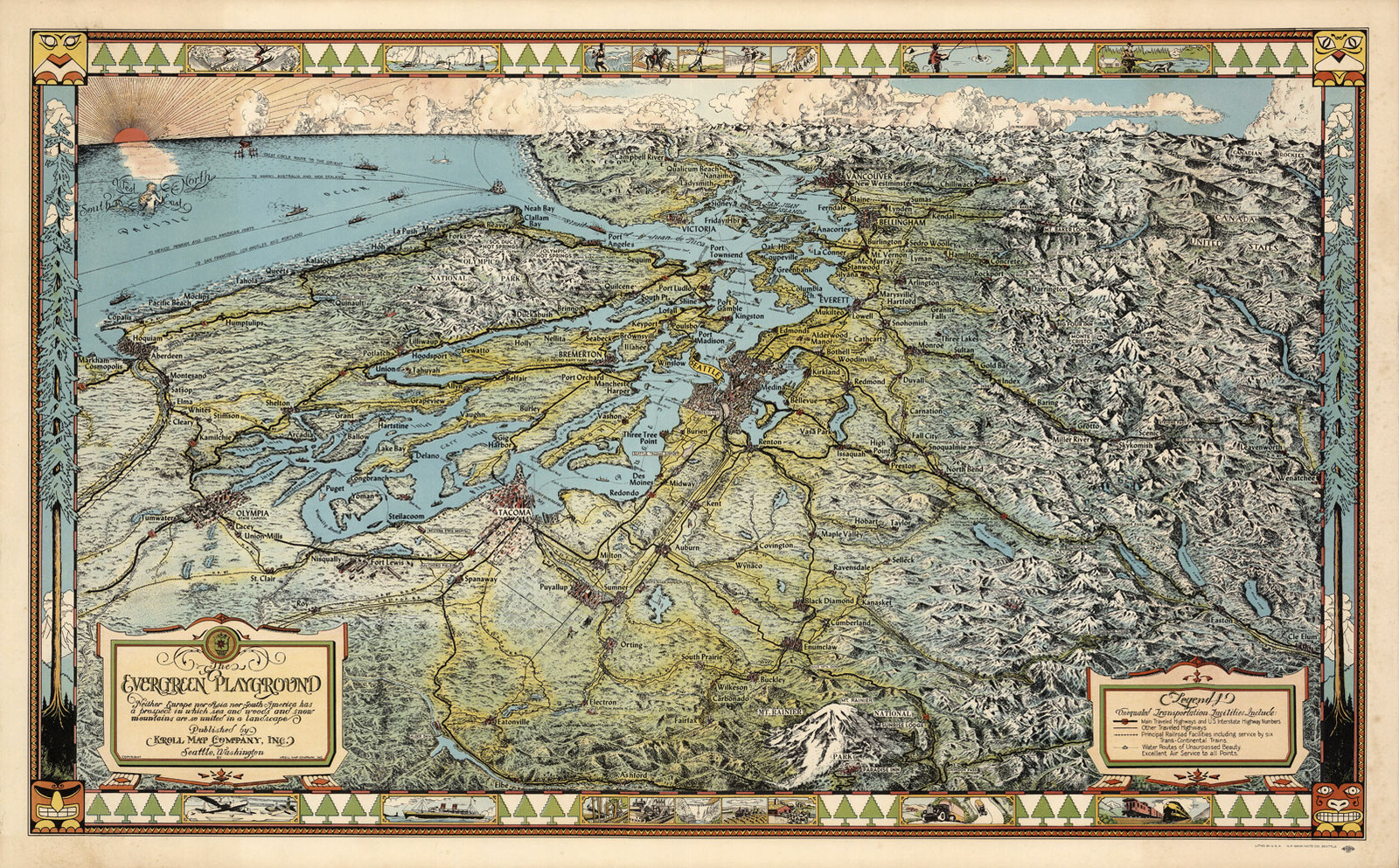 Pictorial Bird's Eye View Map The Evergreen Playground Seattle Washington Poster