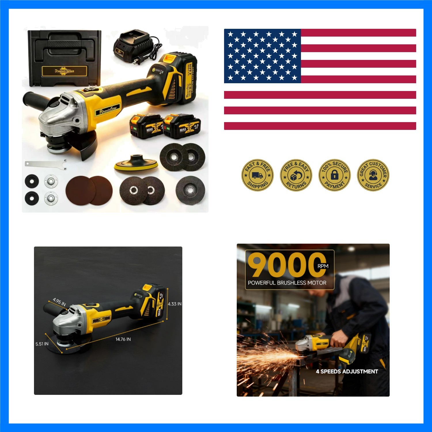 Cordless Angle Grinder 3/8"-16-21V Brushless Motor Battery Grinder Kit, Power...