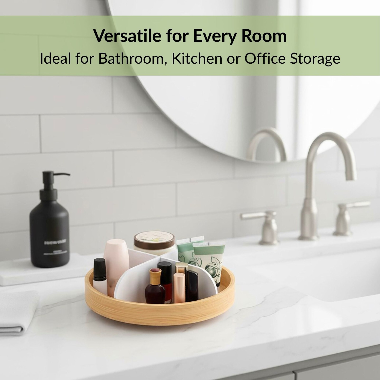 Rotating Bathroom Organizer with 4 Compartments - Bamboo Base Matte Finish