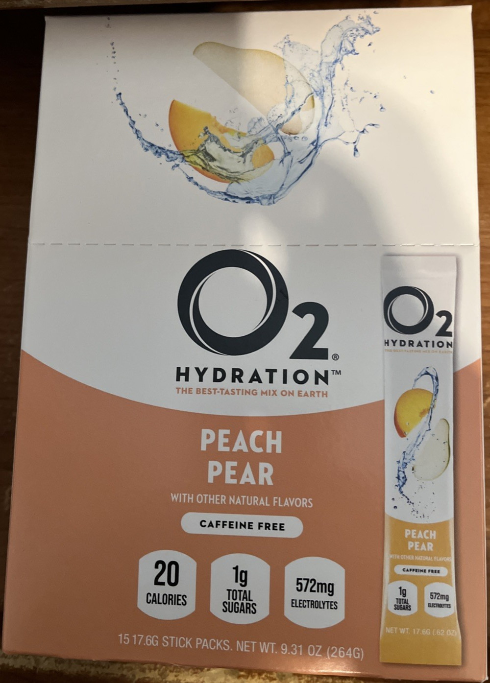 O2 Hydration sticks 60 peach pear 572 mg electrolytes 1g sugar 20 cal. 0 caffine