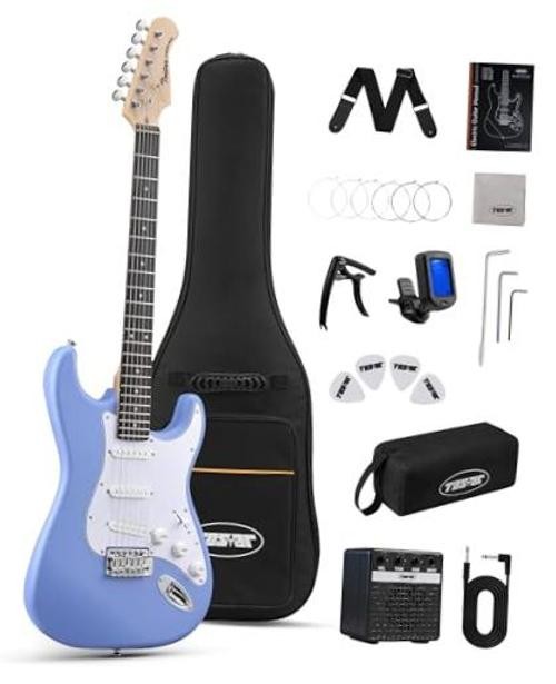 39" Full Size Electric Guitar Kit For Beginners and Adults, SSS Sky Blue S-S-S
