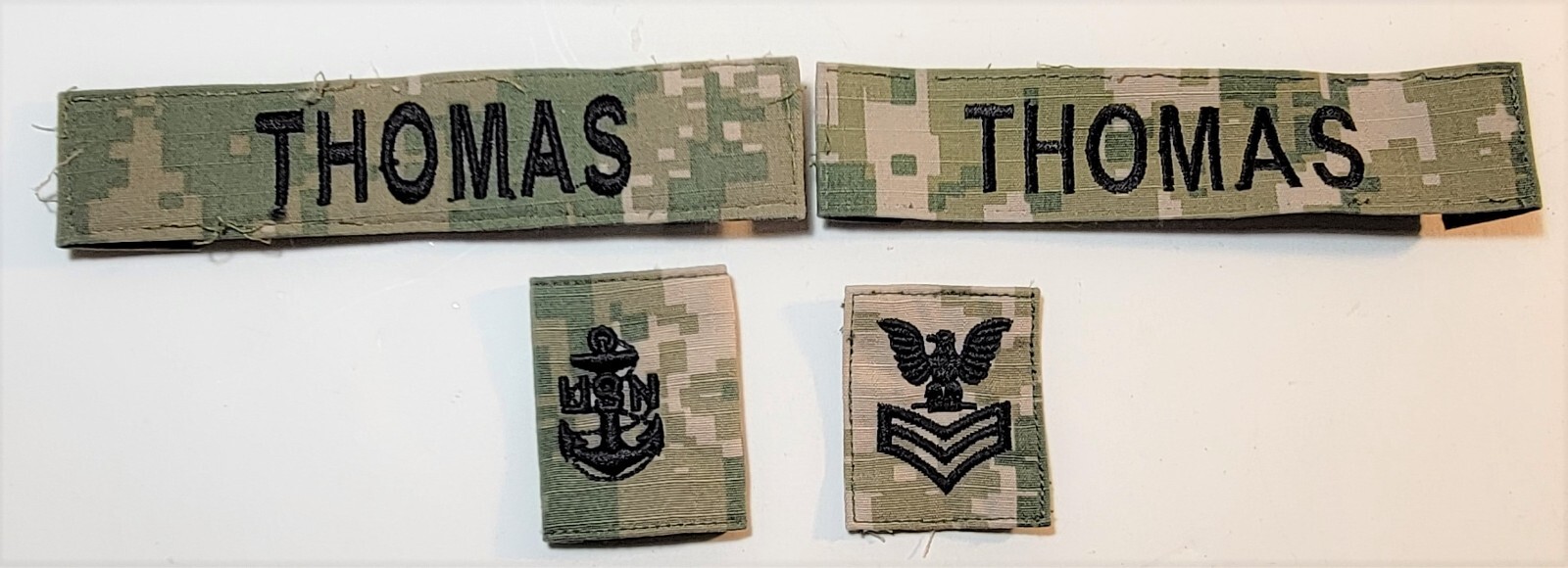 Lot: As shown. E-6 USN Parka Tab/  ACU UCP CPO Sew On /2-Name Tags -All Woodland