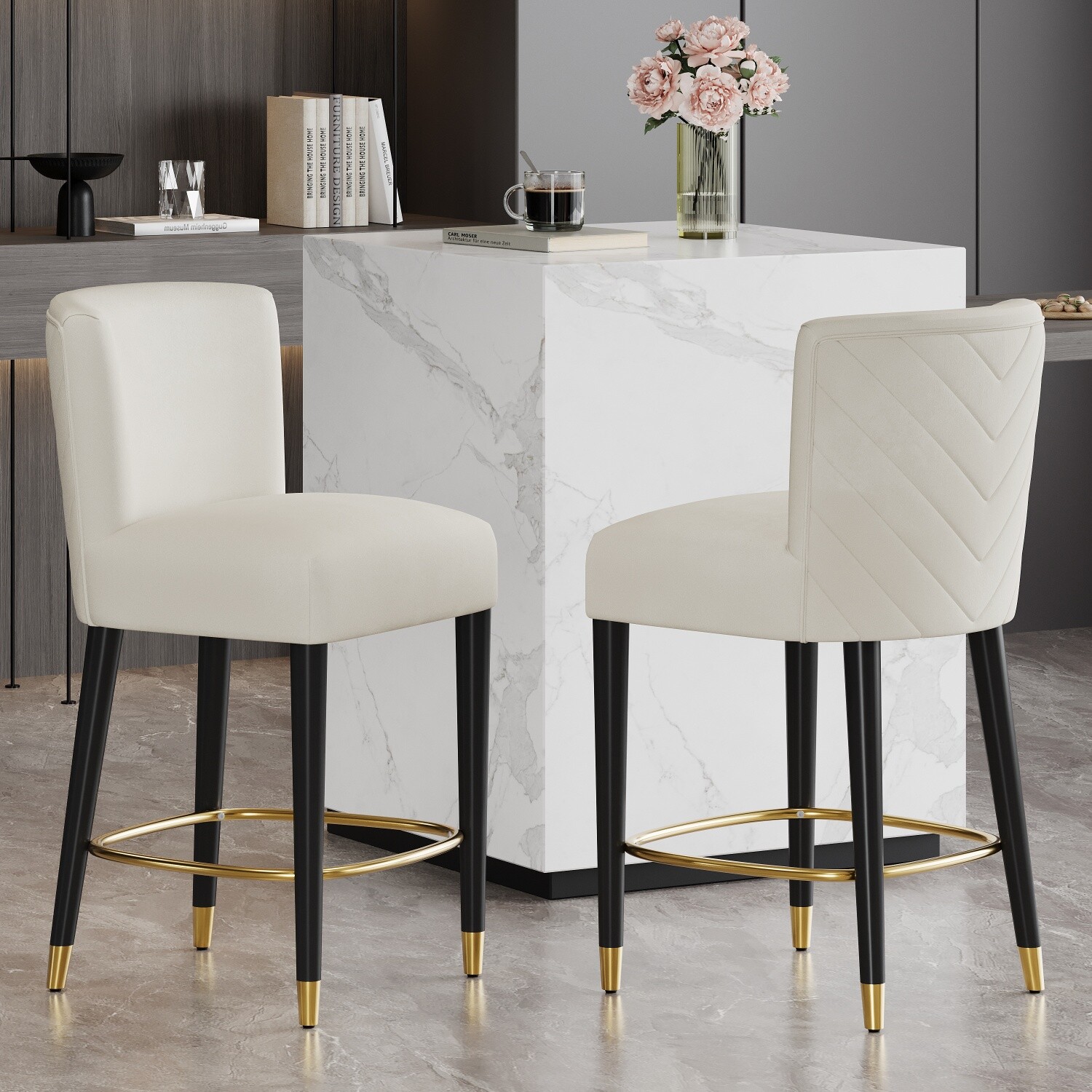 Set of 2 Bar Stool Facric Counter Height Upholstered Dining Chair with Footrest