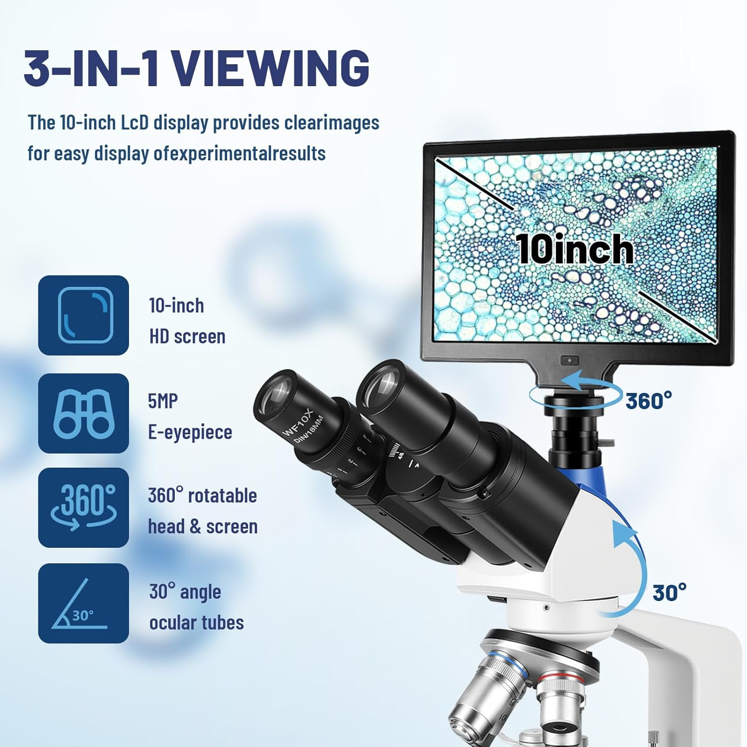 Lab Compound Trinocular Microscopes 40X-2500X Magnification With10 Inch LCD,6MP