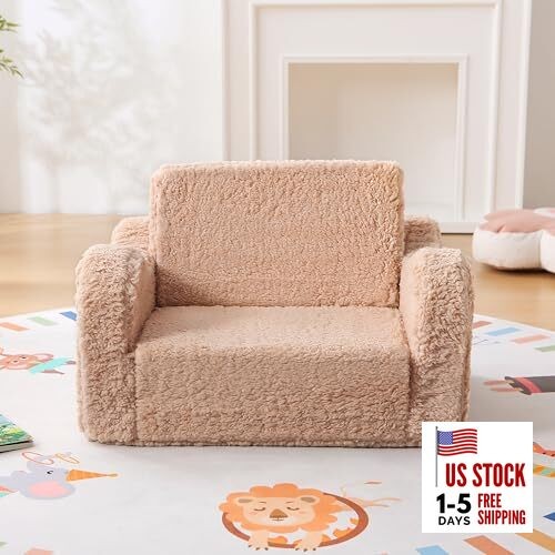 Kids Sofa Chair for Toddlers 1-3 Years, Sherpa Comfy Baby Recliner Light Brown