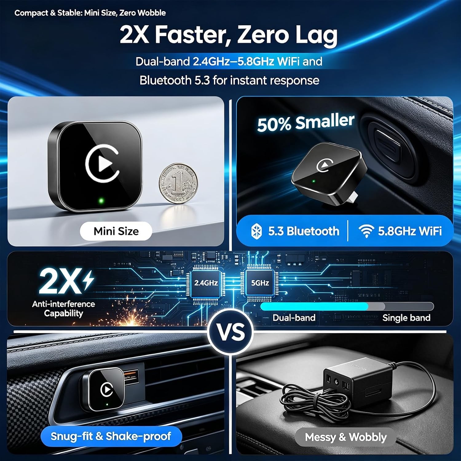 Wireless CarPlay Android Auto Adapter 2-in-1 Convert Wired to Wireless USB