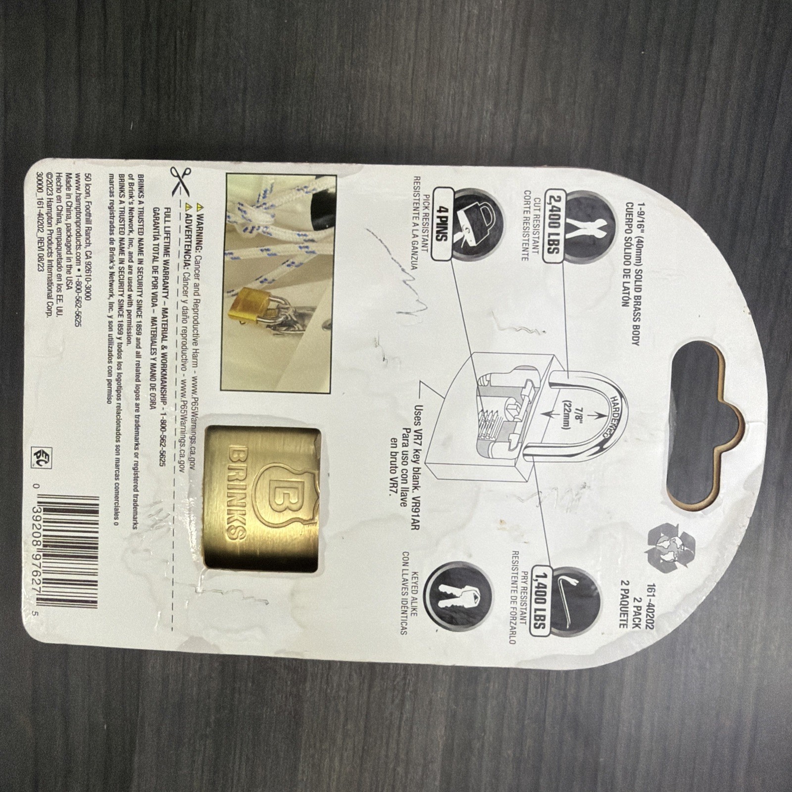Brinks 161-40202 Solid Brass Padlock 40mm 2 Pack Keyed Alike High Security New