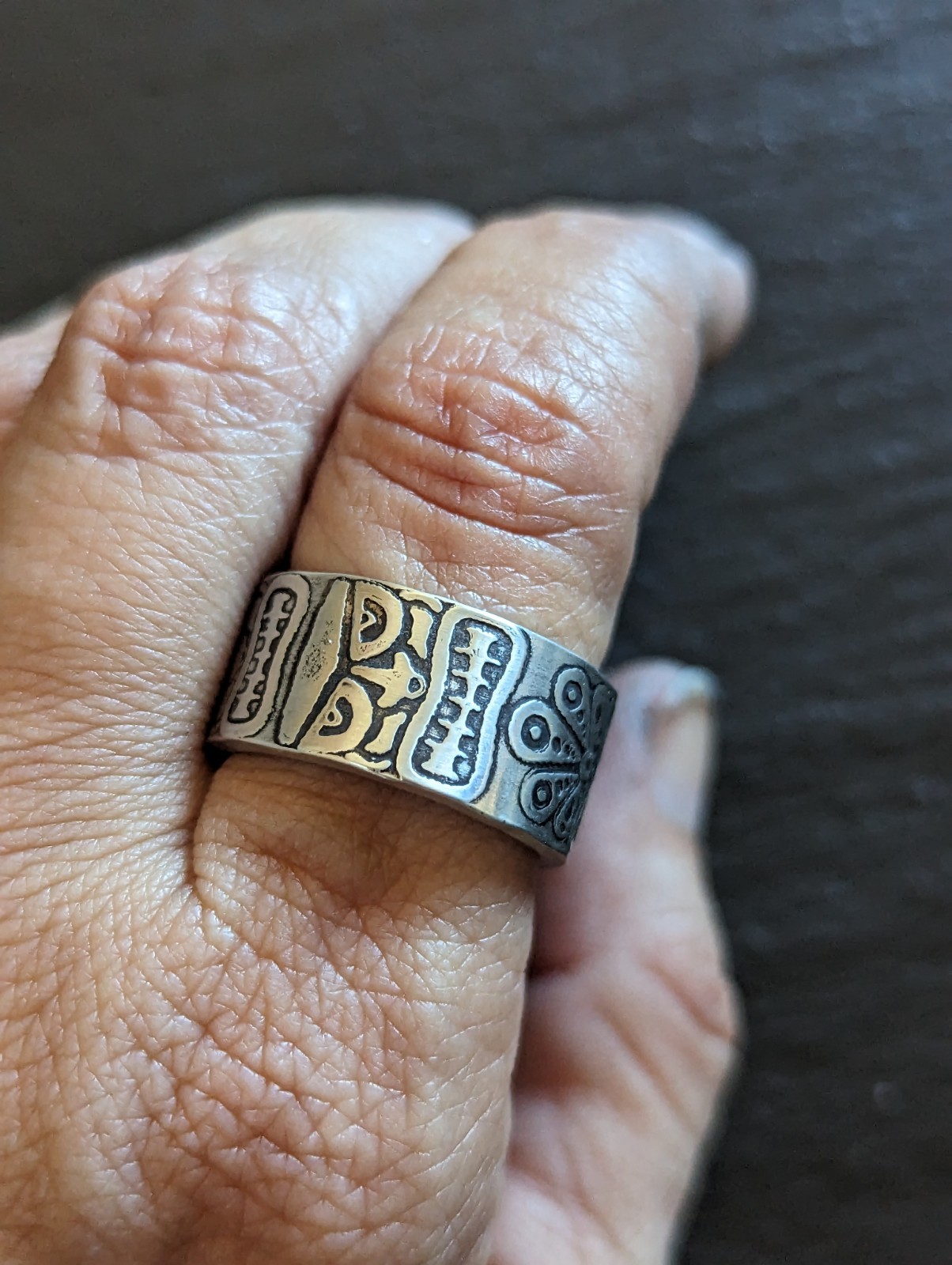 Thick sterling silver ring with tiki gods - handmade - open design