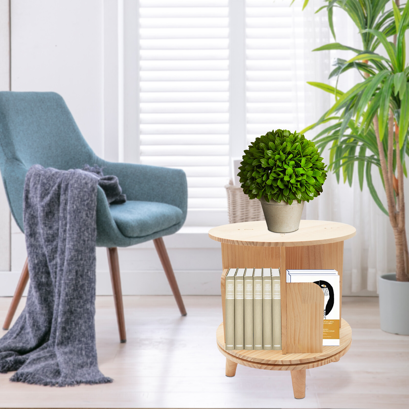 1-tier Floor Standing Solid Wood Single-layer Rotating Bookshelf 31cm H Bookcase