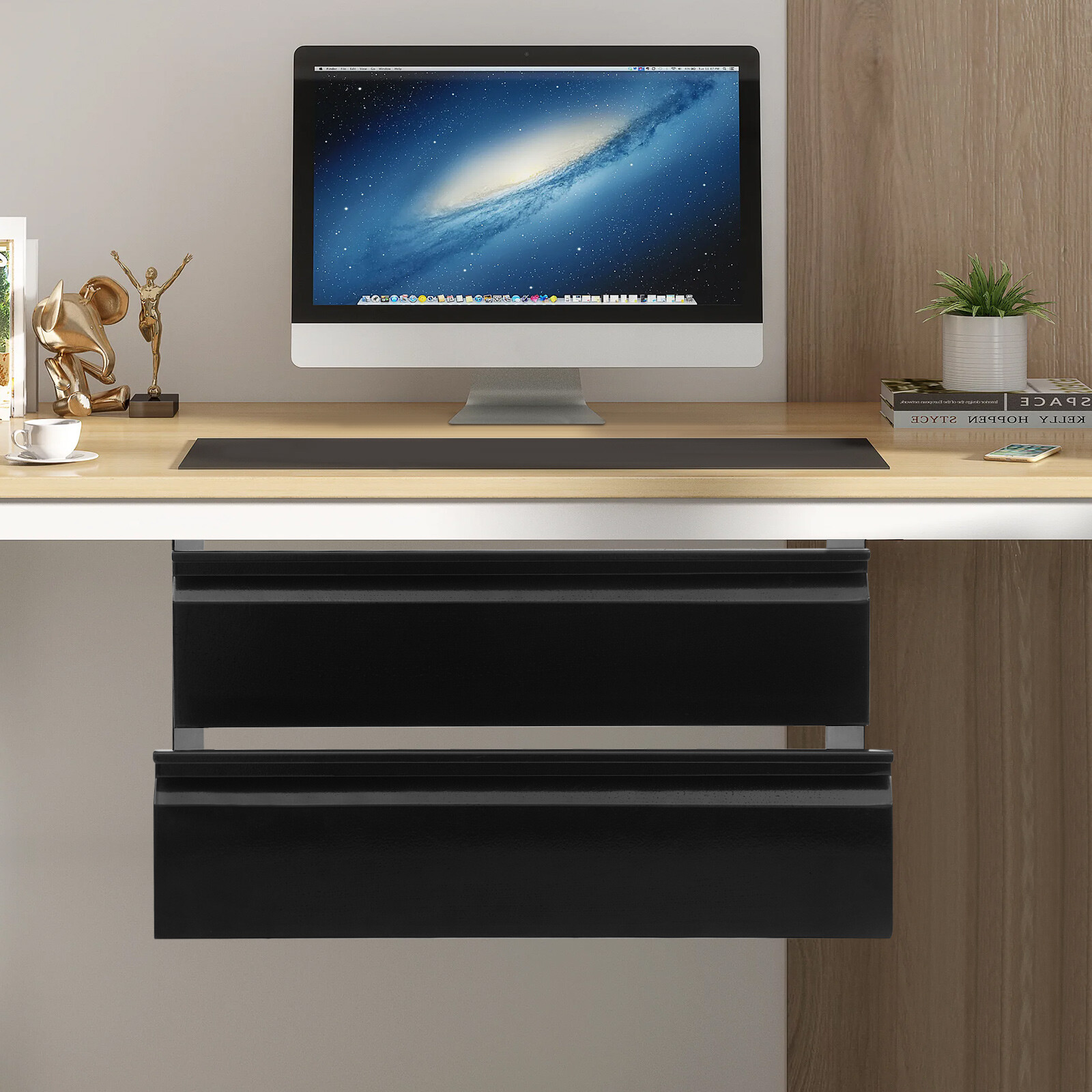 Black Dual Level 16" Pull Out Under Desk Storage Drawer Set