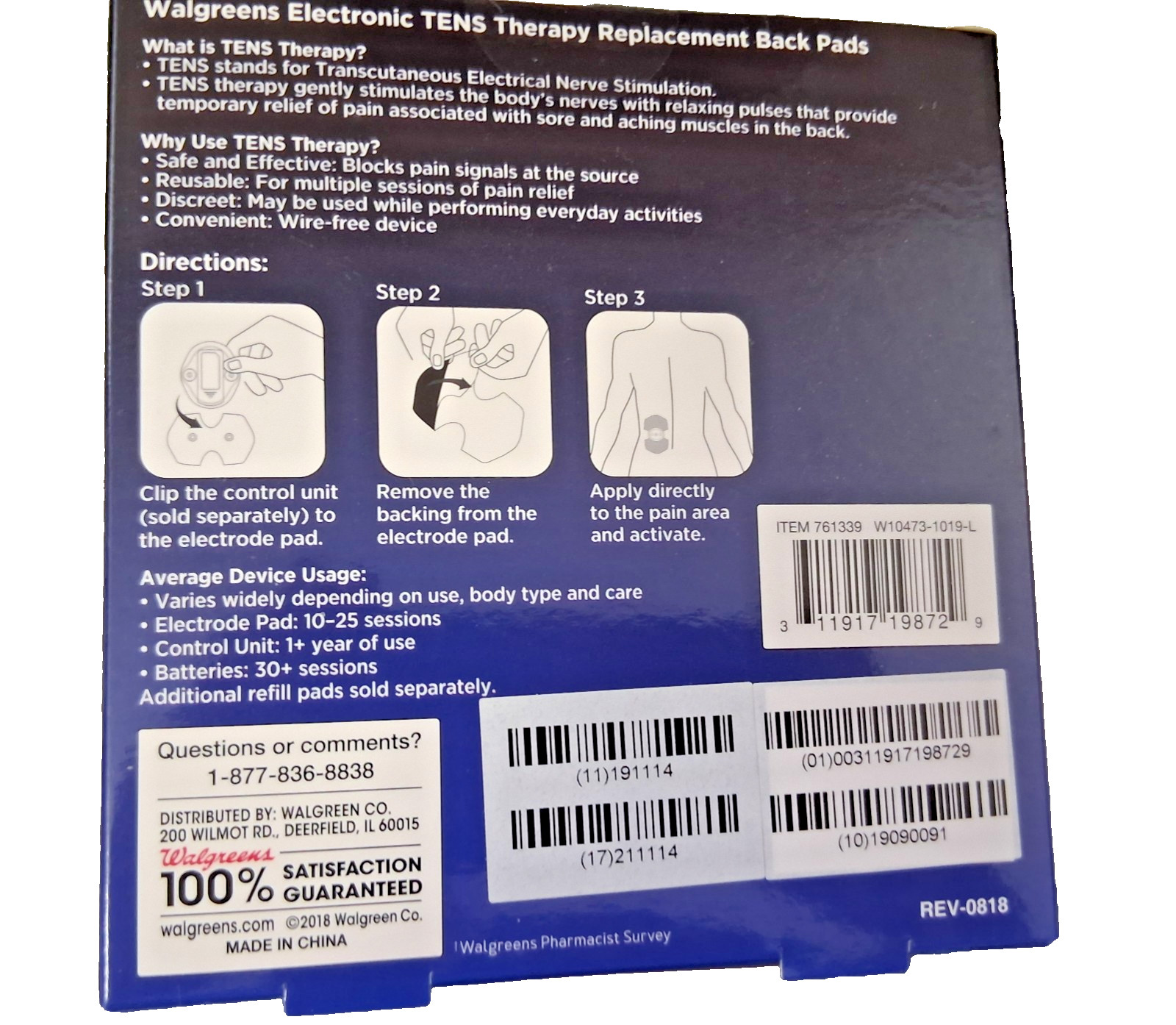 NEW Walgreens TENS Unit Therapy Replacement Back Pads 2 Pack Reusable