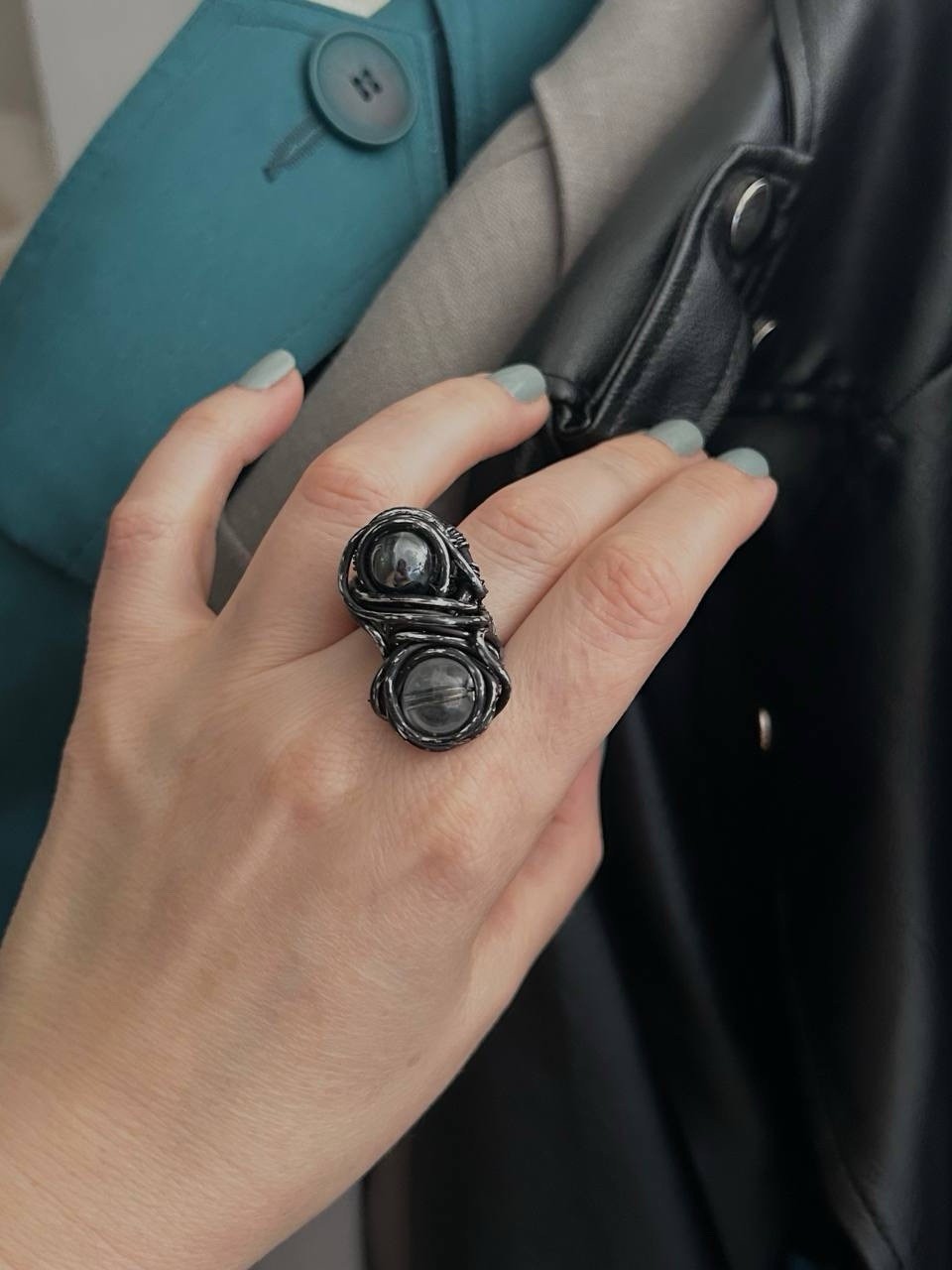 Handcrafted Statement Ring Black Clear Stones Asymmetrical Wrap size 9