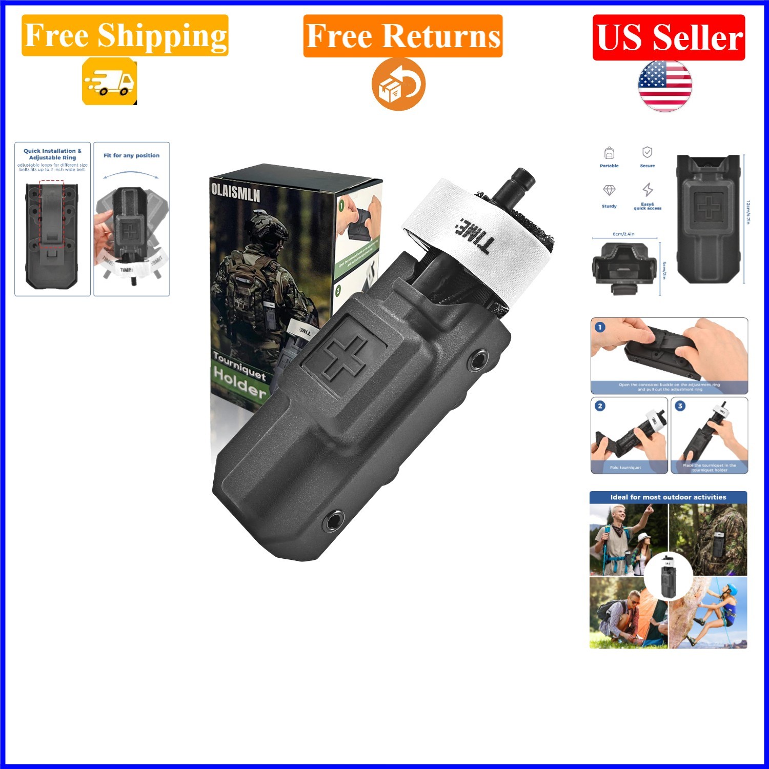 Black Molle Tourniquet Holder Fits Gen 7 CAT, Police & Duty Belts, 4.7x2.4 In...