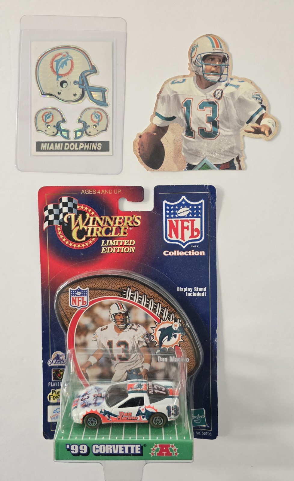 1980's 🏈 NFL Miami Dolphin’s Holo Sticker Card + a Dan Marino Pop Out + NFL Car