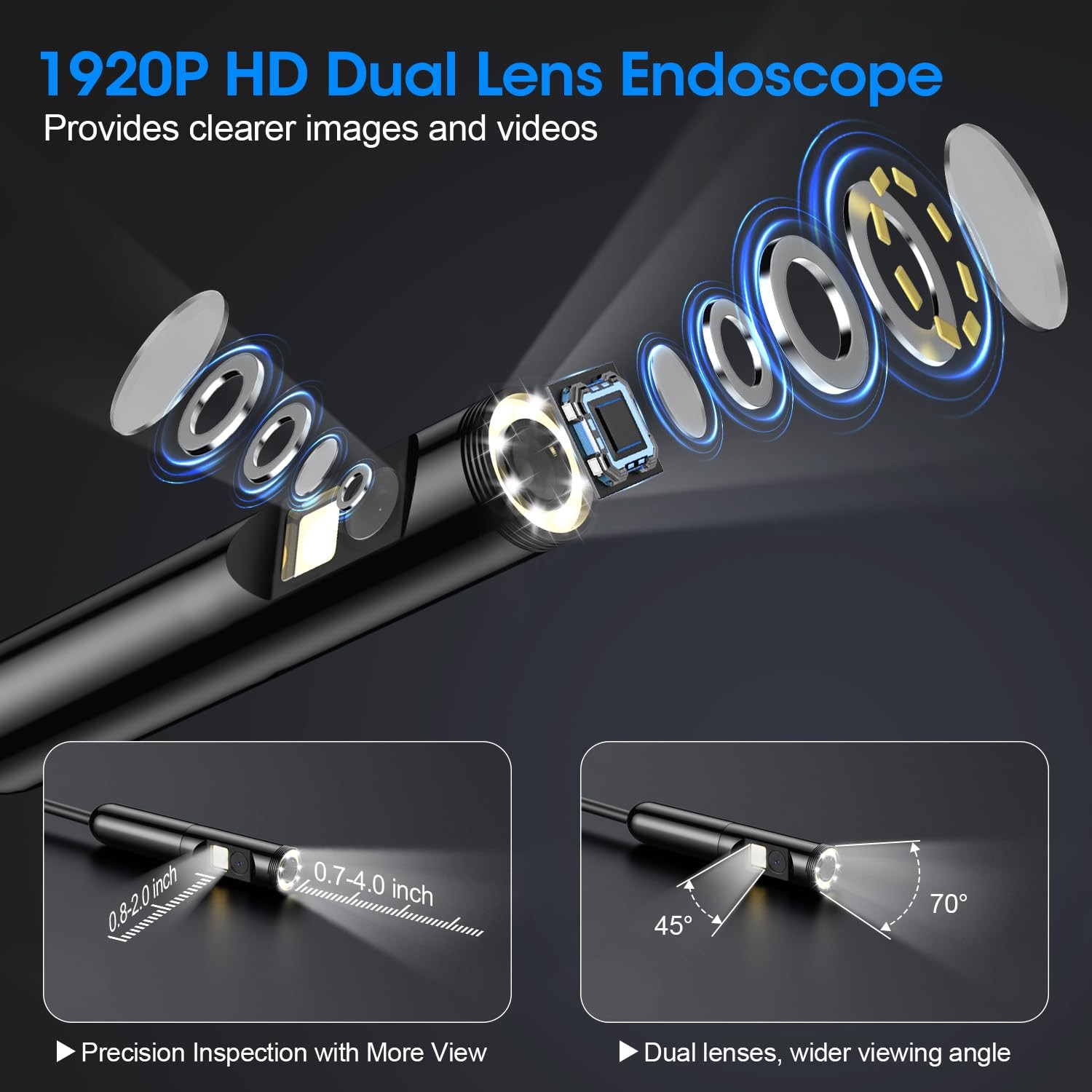 Endoscope with Light, 1920P HD Borescope with 8 Adjustable LED Lights, 16.4FT...