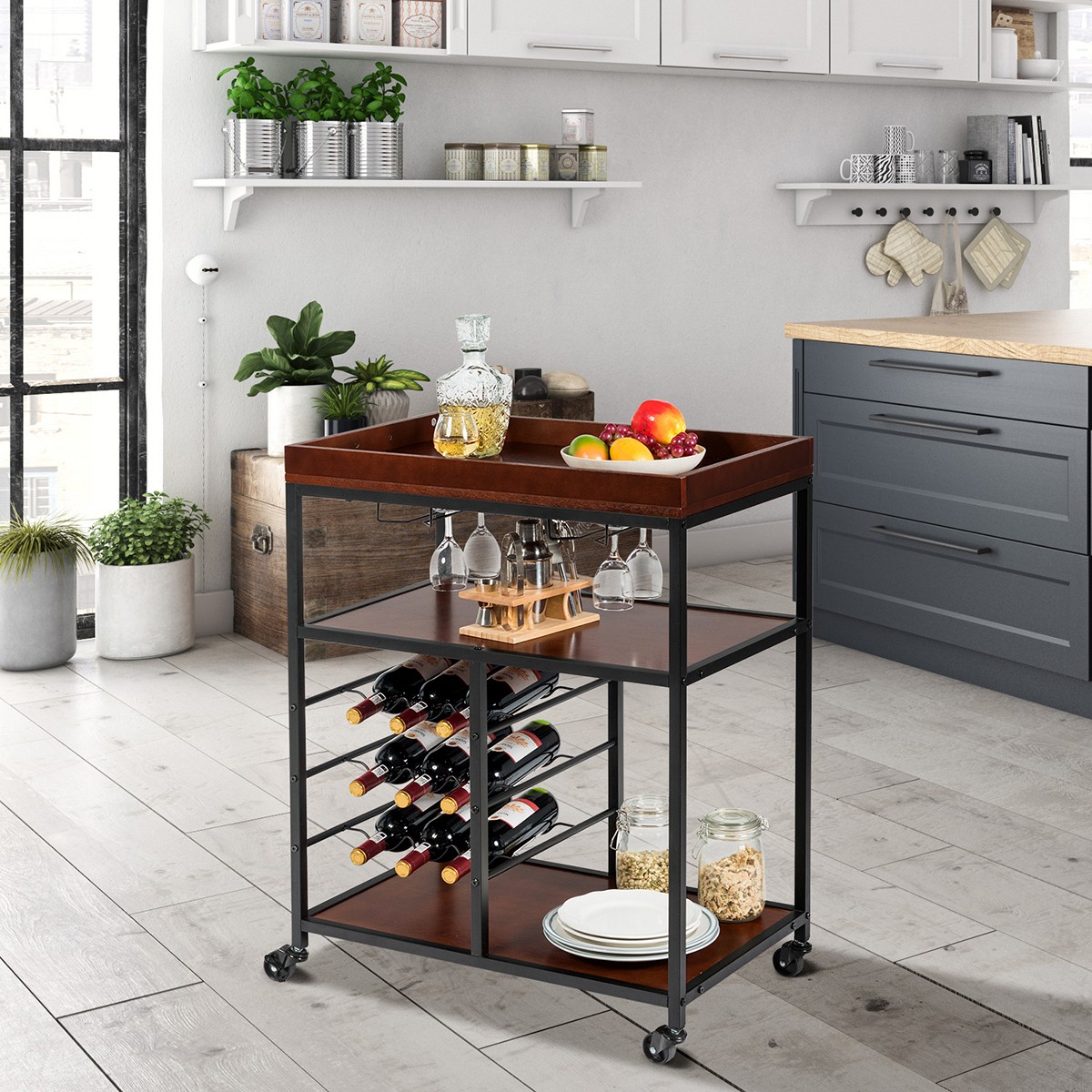 3 Tier Kitchen Trolley Cart Storage Shelf Utility Bar Serving Cart Wine Rack