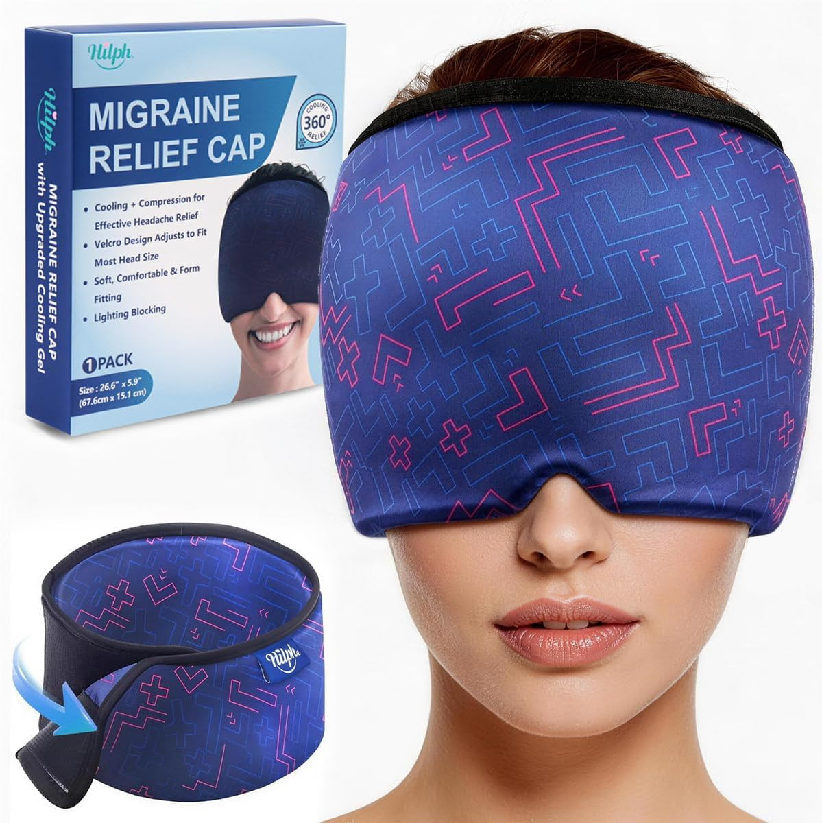 Adjustable Migraine Mask & Relief Cap, Ice Pack Headache Hat with Thickened Gel