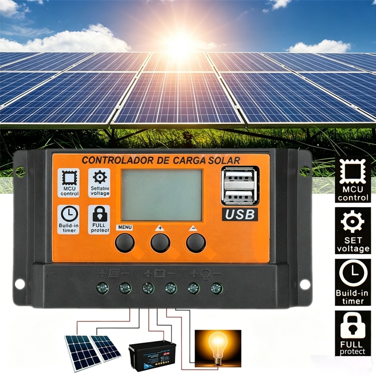 12V/24V PWM Solar Charge Controller 100A Dual USB LCD Regulator Panel Charger