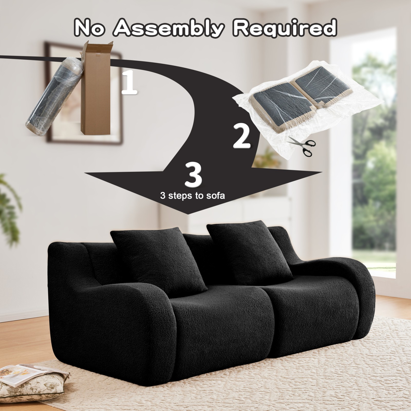 Teddy Fabric Modular Sectional Sofa, 2 Seat, Black, No Assembly