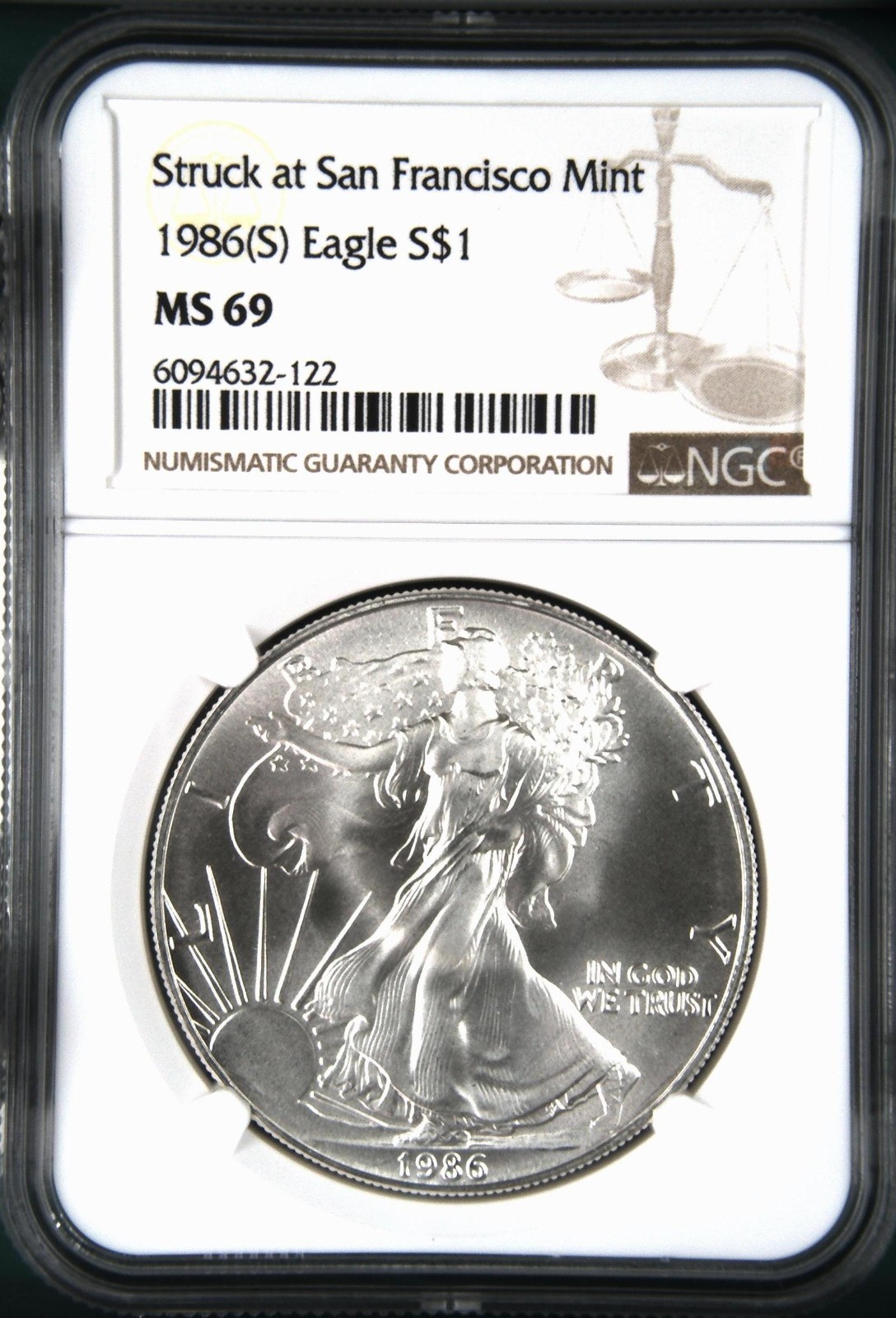 1986 (S) $1 ASE SILVER EAGLE NGC MS69 STRUCK AT SAN FRANCISCO MINT BROWN LABEL