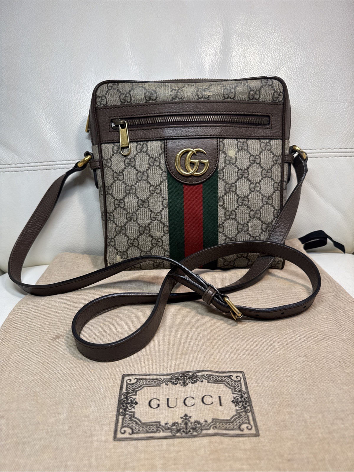 Gucci Ophidia GG Medium Messenger Bag Beige/ebony Supreme Canvas Brown Leather