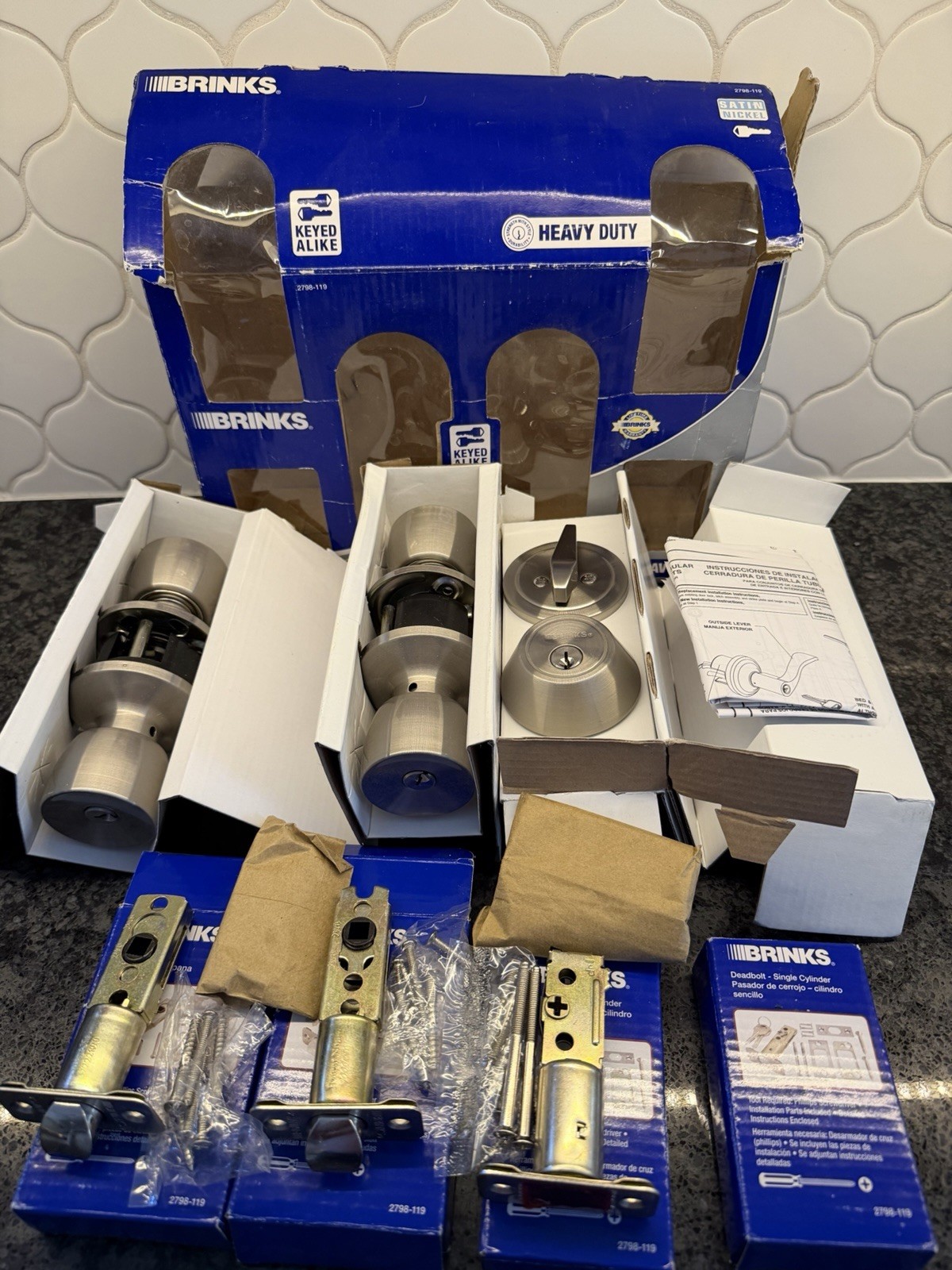 Brinks 2 Keyed Entry & 1 Deadbolt Partial Set. One Deadbolt Removed. No Keys.