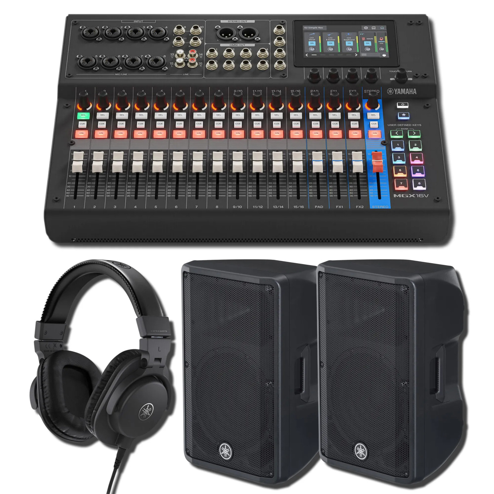 Yamaha MGX16V B 22-Ch Digital Mixer w/ 2x DBR12 1000W Speakers & HPH-MT5