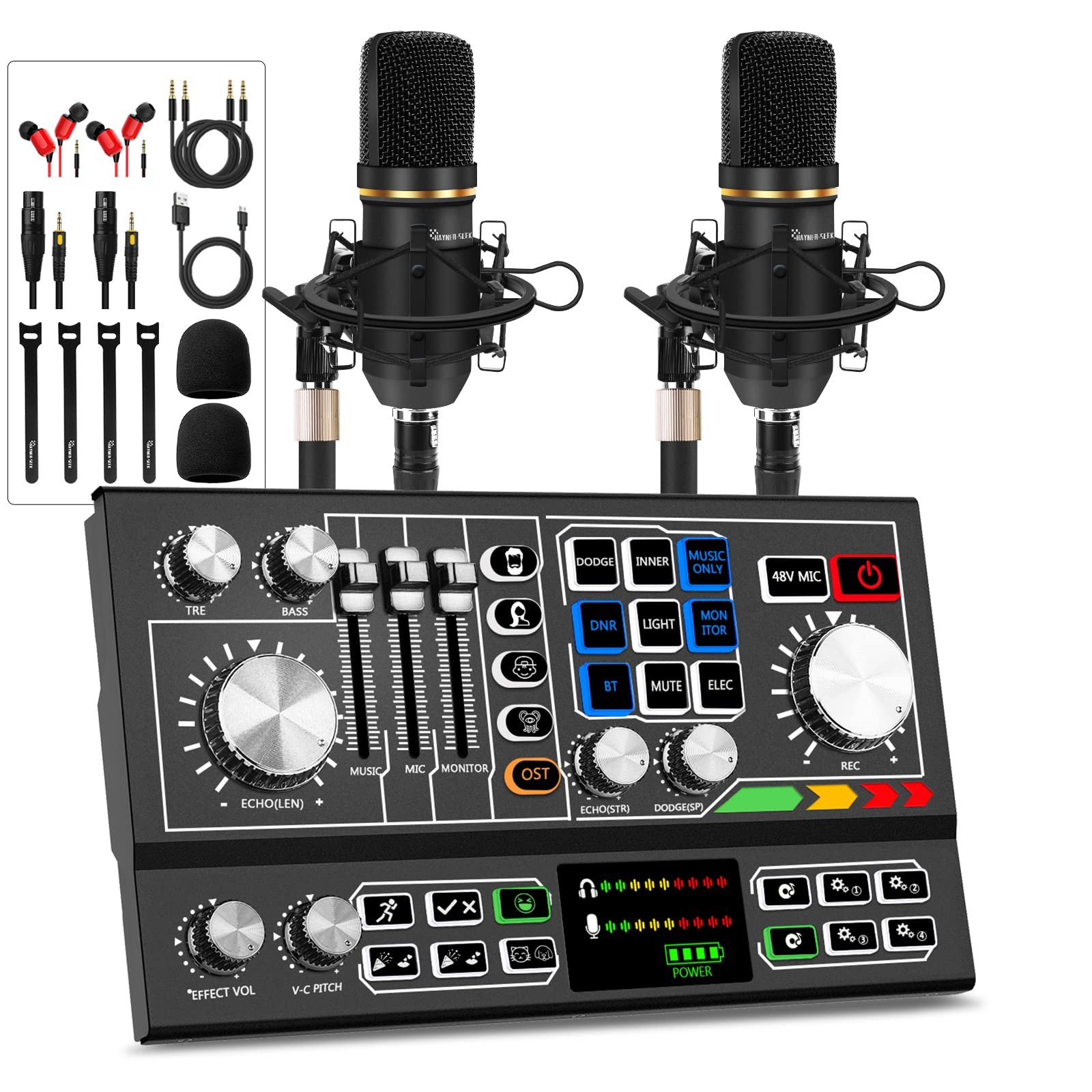 Podcast Equipment Bundle for 2, Audio Mixer with Condenser Microphone Black