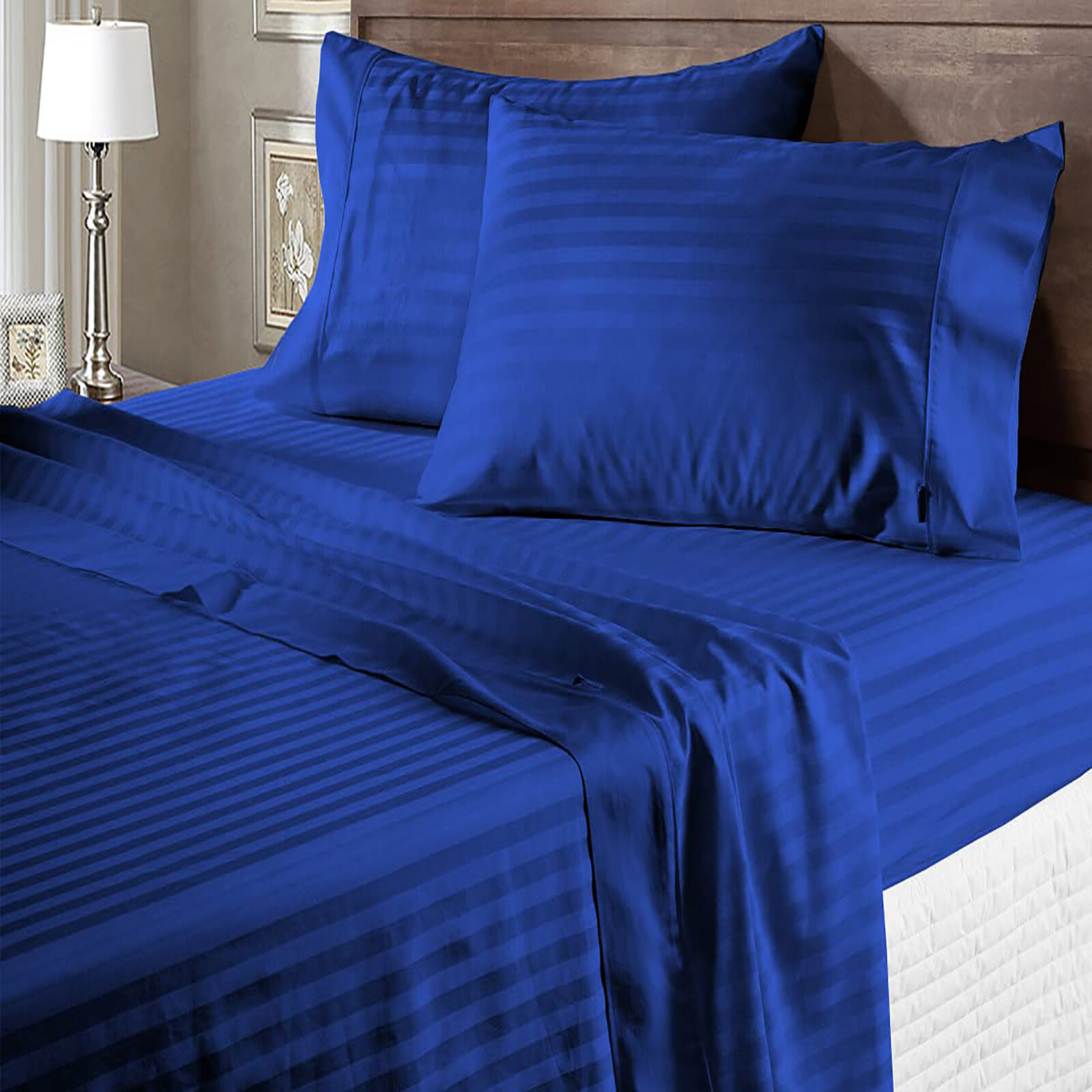 Extra Deep Pocket 6 PCs Sheet Set 1000 Count Organic Cotton Royal Blue Stripe