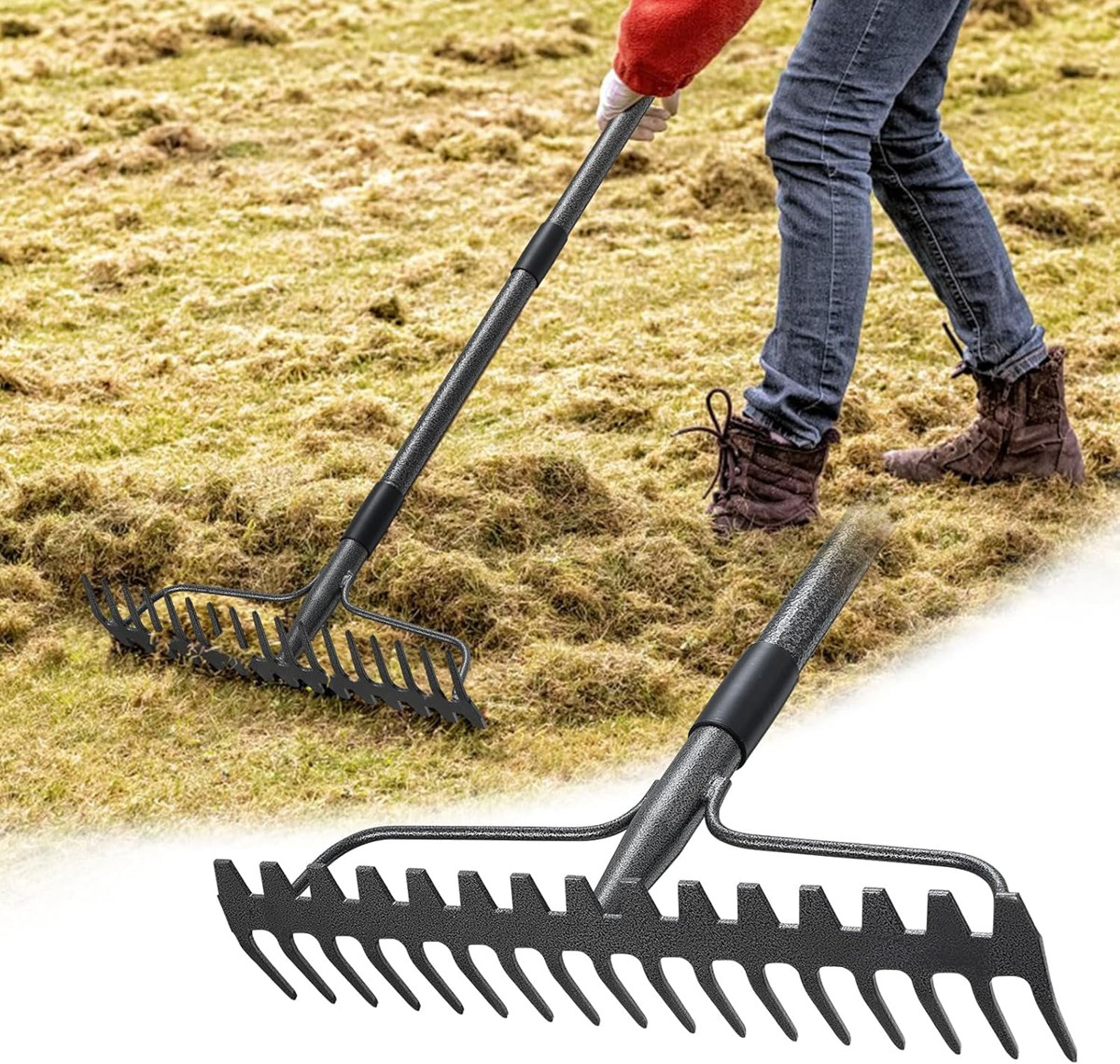 DOUBLE Rake W/ 17 tines / 77" long Garden tool for level Rocks Leaves yard Lawn
