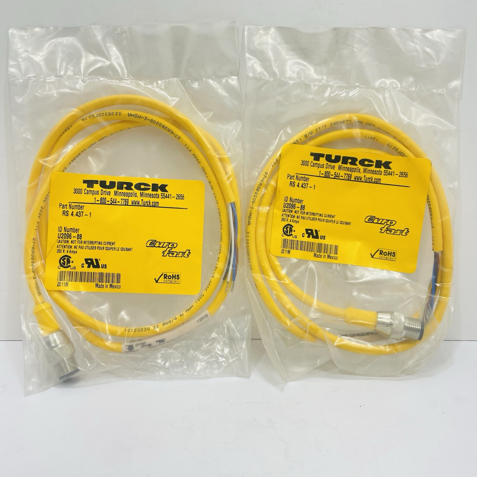 Qty 2 Turck RS 4.43T-1 EuroFast Sensor Cable Cordset M12 4-Pin Single Ended ~NEW