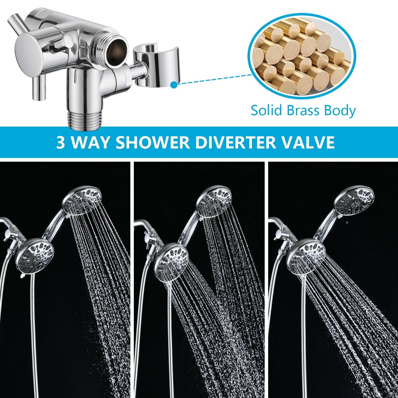 3-way G1/2 Shower Diverter with Handheld Holder, Solid Brass