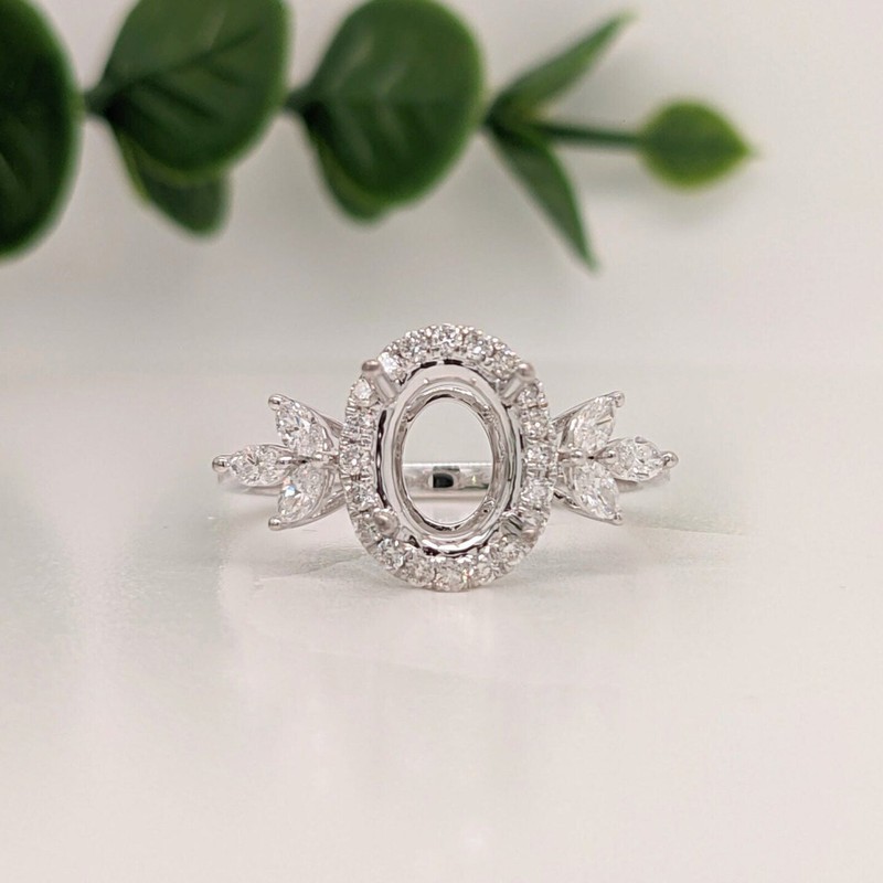 Oval 8x6mm Semi Mount Ring 925 Sterling Silver Halo Marquise Cluster Side