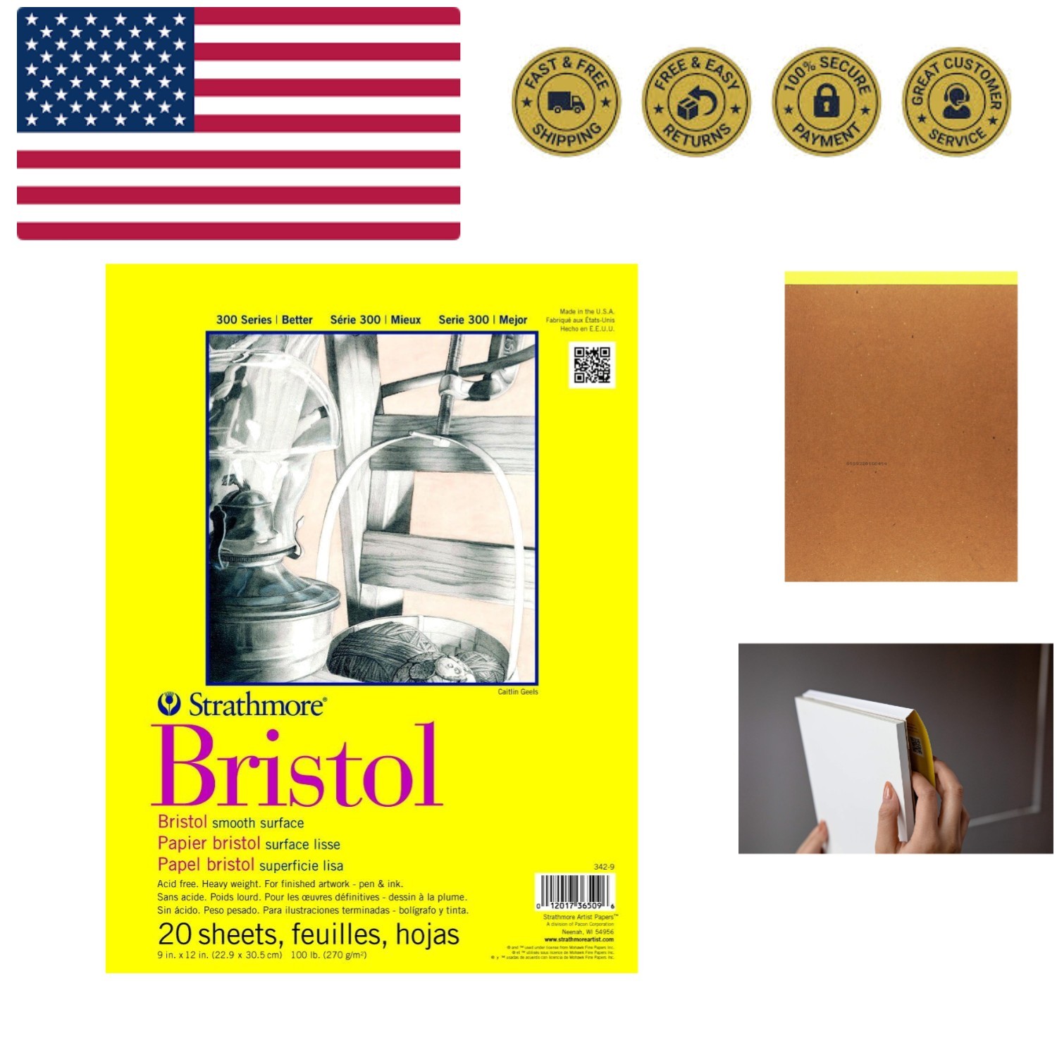 300 Series Bristol Paper Pad, Smooth, Tape Bound, 9x12 inches, 20 Sheets 100l...