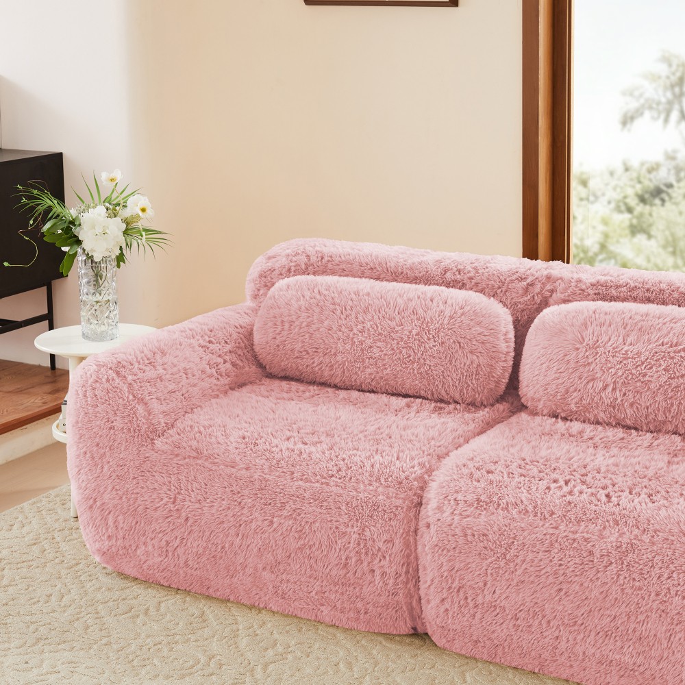 2-seater Sectional Couches Soft Fluffy Plush Fabric Bottom Anti-Slip Design Pink