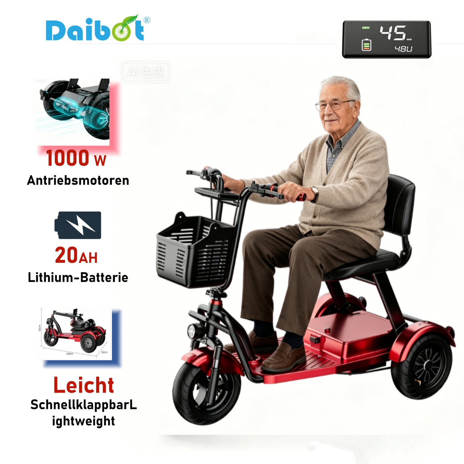 Folding Electric Mobility Scooter 1000W 48V 3 Wheel Electric Scooter Dual Motor