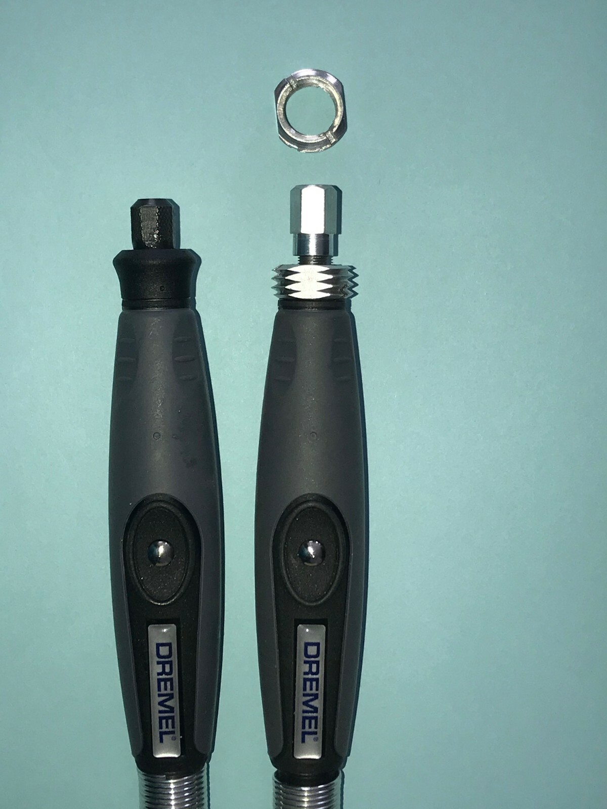 Threaded adapter join multiple rotary tool flex shafts together. Longer cable