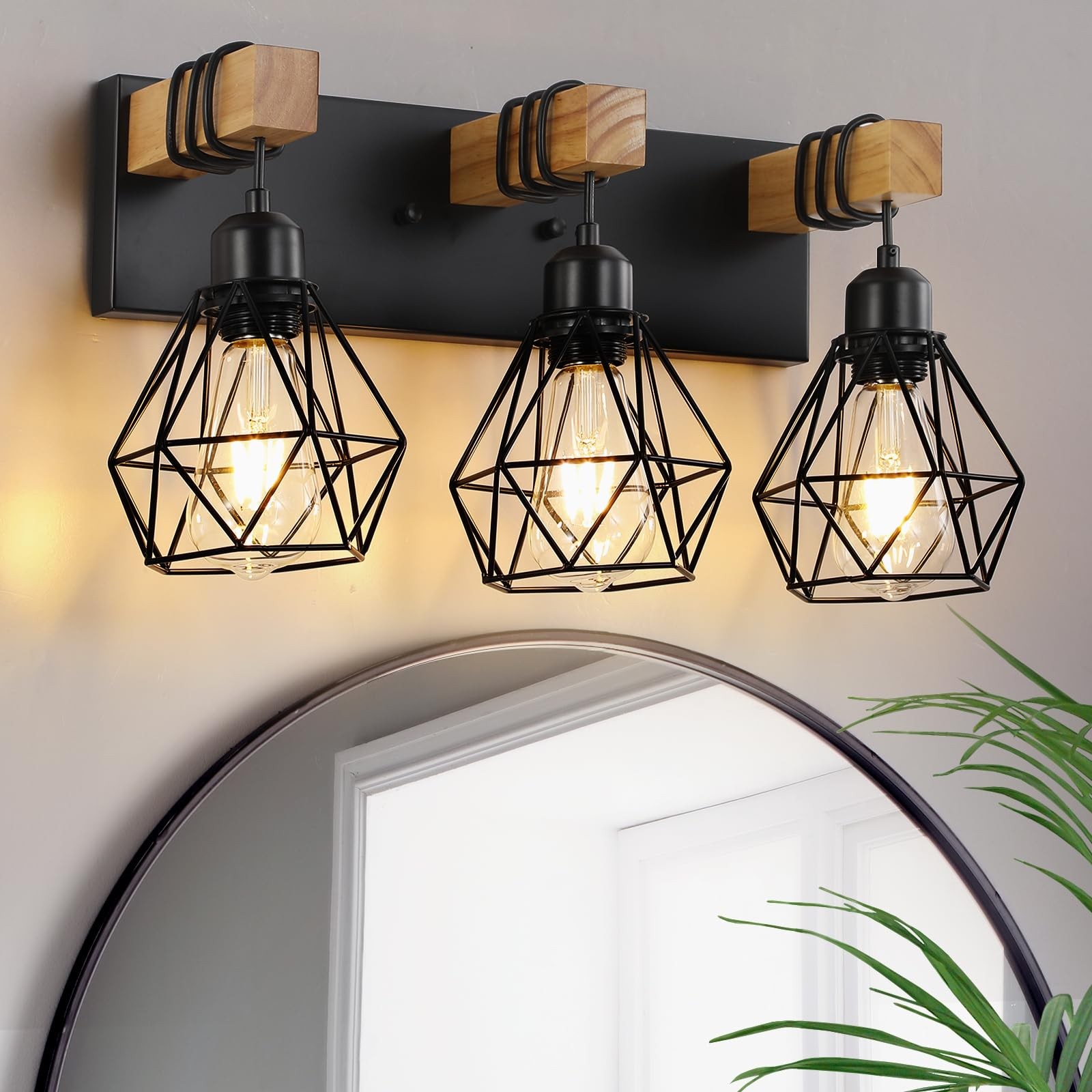 Farmhouse Vanity Light for Bathroom, 3-Light Wood Bathroom Vanity Light Fixtu...