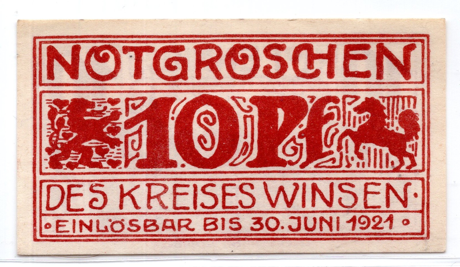 1921 Germany Winsen Notgeld 10 Pfenning Note (2219)